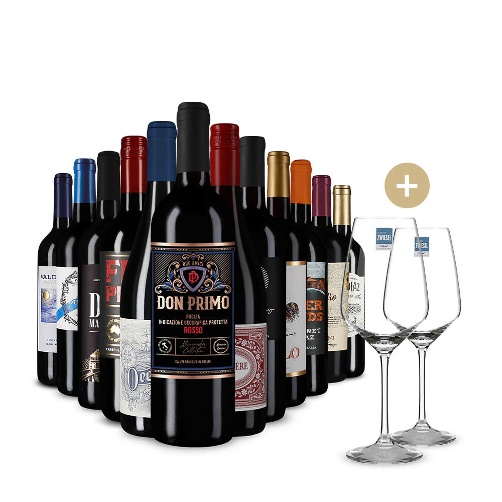 Internationale rodewijnsterren in 12 flessen-jubileumpakket + 2 wijnglazen