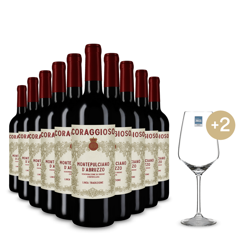 10 flessen Montepulciano d'Abruzzo 2024 + 2 wijnglazen – Gold