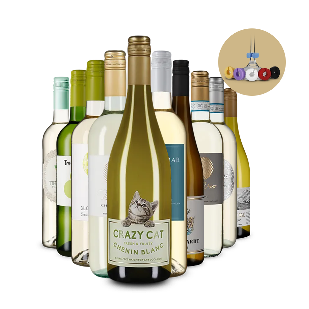 Internationale wittewijntoppers in 10 flessen-pakket + glasmarkers – Gold