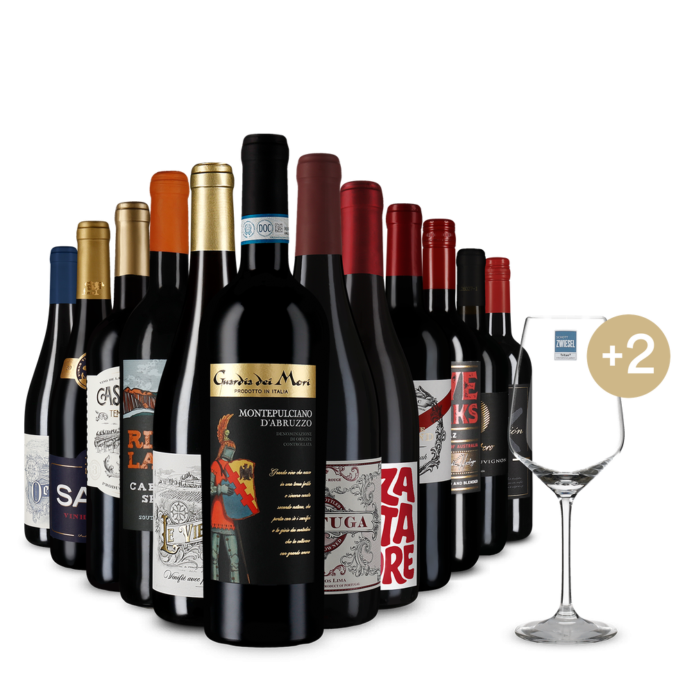 Internationale rodewijnsterren in 12 flessen-pakket + 2 wijnglazen